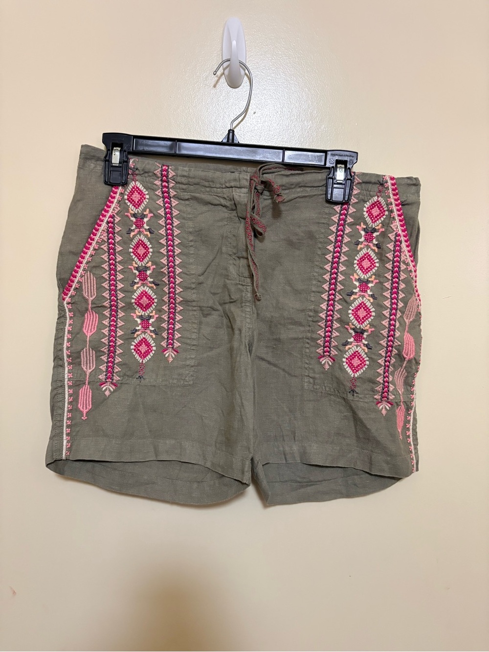 Johnny Was Olive Bermuda Shorts with Pink Embroidered Trim